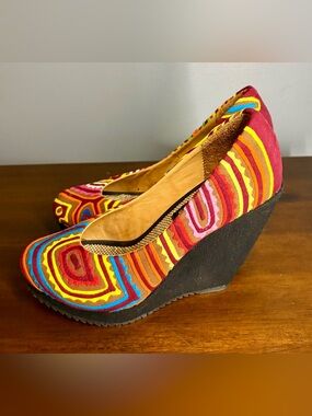 Handmade Guatemalan Textile Wedge Heels Multicolor Boho Geometric Pattern - sz 6